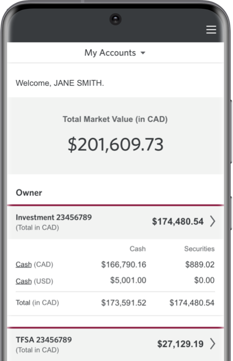 Smartphone shows CIBC Mobile Wealth App data