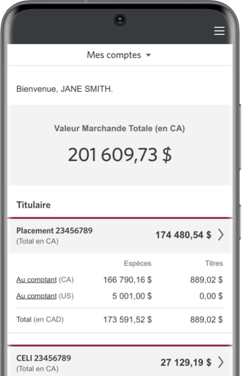 Un smartphone affiche les données de l'application mobile de gestion des avoirs de la CIBC