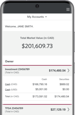 Smartphone shows CIBC Mobile Wealth App data