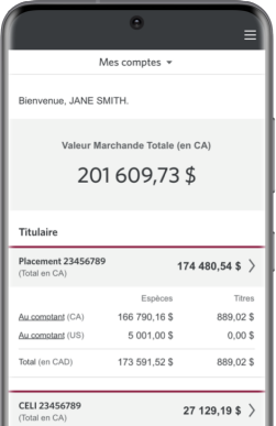 Un smartphone affiche les données de l'application mobile de gestion des avoirs de la CIBC
